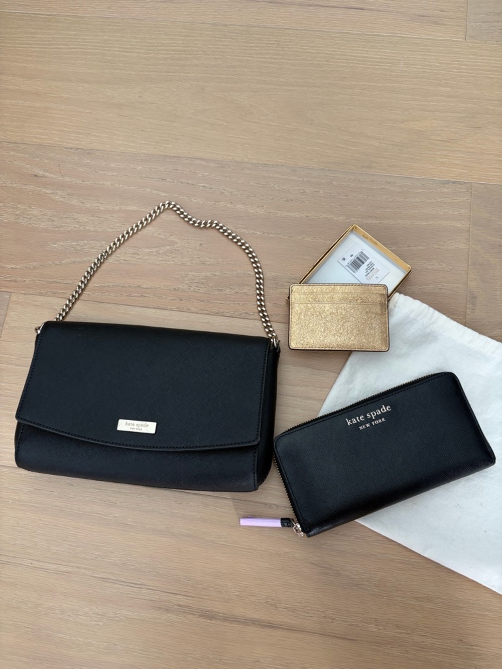 kate spade Black Leather Shoulder Bag with Gold Chain & Wallet Set